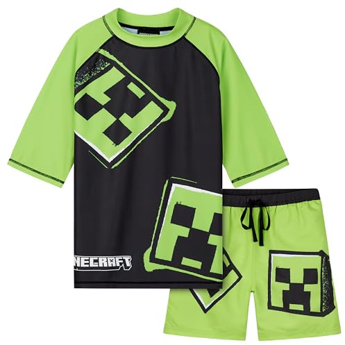 Minecraft Badeanzug Jungen, Zweiteiliger Schwimmanzug - Schwimmshirt & Badeshorts (5-6 Jahre, Hellgrün/Schwarz)
