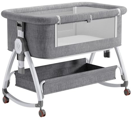 YAZOCO Beistellbett 3 in1 Babybetten Tragbar Babybett mit atmungsaktivem Netz und Laken, Verstellbarer Stubenwagen Beistellbett mit Aufbewahrungskorb (Niedrige Version grau)