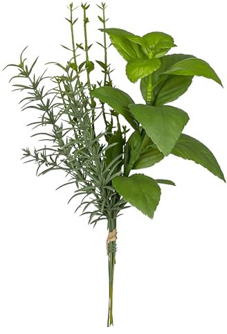 creativ home Künstlicher Kräuterbund ca. 28cm. Dekopflanze, Kunstpflanze, Künstliche Kräuter, Basilikum, Rosmarin, Thymian. Dekoration für Küche. GRÜN