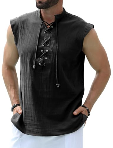 YAOBAOLE Chemise en Lin Homme San Manches Deguisement Medieval Vintage Lacets Tunique Viking Costume Pirate