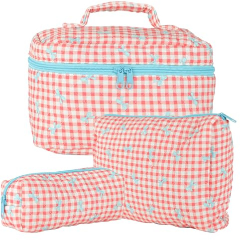 3 Pezzi Beauty Case, Floreale Grande Capacità per Il Trucco, Borsa da Toilette Trapuntata, Beauty Case da Viaggio Cotone Morbido, Beauty Trapuntato Grandei da Toilette Makeup Bag Organizer