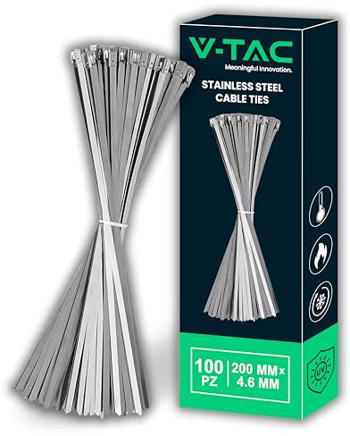 V-TAC Bridas de Acero Inoxidable para Cables – Medida 4,6 mm x 200 mm – 100 Unidades – Bridas Multiusos para Cableado – Sujeta Cables para Electricistas, Mecánicos, Tuberías de Hierro - Metalicas