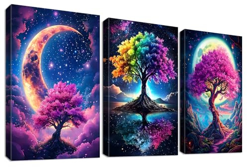 3 st träramade canvasväggkonsttryck Färgglada livets träd-målningar Poster Fantasi Skog Stjärnklar natt Månebilder för vardagsrum Sovrum Badrum Hall Väggdekoration 50x70 cm x3st