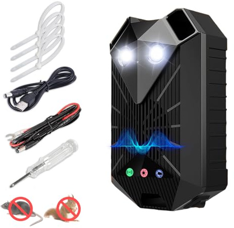 WwuHua Répulsif anti-martres pour voiture avec flash, répulsif anti-martres, répulsif anti-martres pour compartiment moteur de voiture, répulsif automatique marche/arrêt et anti-martres à piles