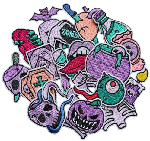MISDONR 18pcs Purple Halloween Iron on Patches Skull Embroidered Patchs Applique for Repair Decoration Jacket Jeans Clothes Hats Shoes Bags
