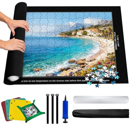Solinorex Puzzle-Unterlage für bis zu 2000 Teile | Große Aufbewahrungsmatte inkl. 4 Sortierschalen, Tragetasche & Luftröhre | 80x120 cm Nicht-rutschende Puzzlematte für Einfache Lagerung & Transport
