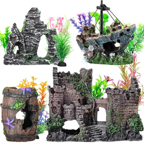 CousDUoBe 14 Pcs Aquarium Decorations Large Kit，Castle Fish Tank Bubbler Decorations，Starfish Barrel, Resin Cave Rock,Resin Material Sunken Ship,Aquarium Plants Large Fish Bowl Ornaments