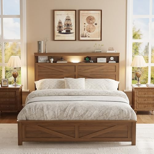 madeslves Farmhouse Wooden Bed Frame Queen Size with Storage Headboard, Boho Platform Bedframe with LED Lights and Charging Station, Metal Slats Support, No Box Spring Needed, Deep Brown