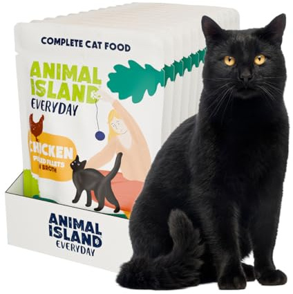 Animal Island Cibo Umido per Gatti Filetti di Pollo in Brodo Alimento Completo Senza Cereali per Gatti Adulti e Gattini Sfilaccetti di Pollame in Salsa Multipack Bustine Monoporzione Gustose, 12 x 85g