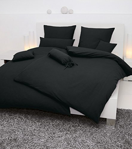 Janine Bettwäsche Seersucker Uni Piano 200x200 cm inklusive 2X Kissenbezüge 80x80 cm schwarz