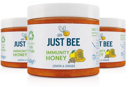 Just Bee Lemon & Ginger Immunity Honey (3 x 260g) | Pure natural honey with Vitamin D, C, B6, B12 and Echinacea | Raw and Unpasteurised | Vitamin Rich | For Daily Immune Support