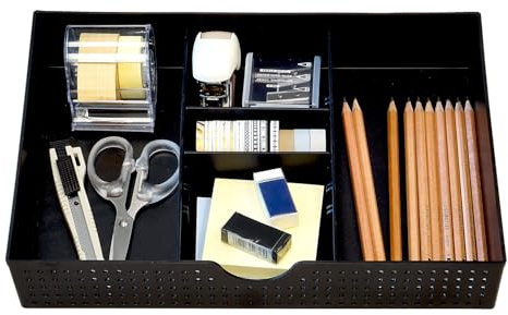 Amtido Desk Drawer Organiser Tray for Office Stationary Supplies & Accessories - Sleek 3 Compartments Stationery Organisers with 2 Adjustable Dividers - Black Desk Tidy Organiser