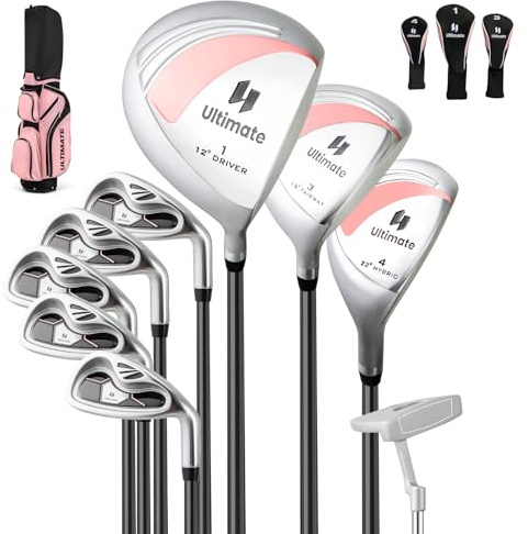 ULTIMATE Women's Complete Golf Club Set, Right Handed Ladies Golf Clubs Set w/ 460cc Alloy Driver, #3 Fairway Wood, #4 Hybrid, #6/#7/#8/#9/#P Irons & Putter (Pink w/Bag)