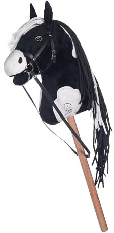 HKM Hobby Horse – Steckenpferd schwarz/weiß, abnehmbare Trense & Lange Mähne, 40 cm Holzstiel – für Hobby Horsing Dressur & Parcours