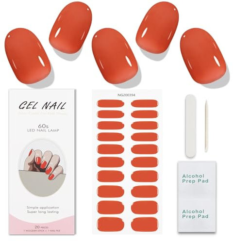 JMEOWIO Gel Nail Stickers Orange Red Semi Cured Gel Nail Strips Wraps UV/LED Nails Art Design Decoration Accessories