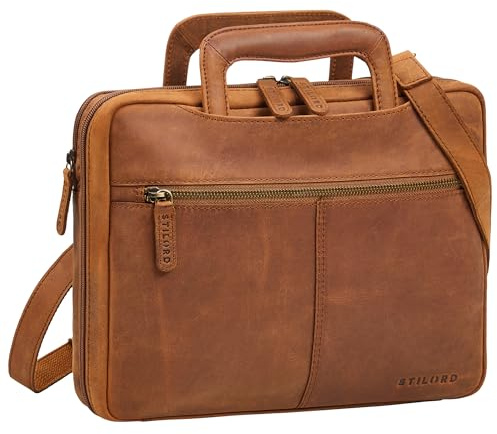STILORD Connell Laptoptasche 13 Zoll Leder Aktentasche Schmal Arbeitstasche Herren Vintage Laptop-Hülle Dokumententasche A4 Tablet-Tasche aus Echtleder Farbe:tan - Dunkelbraun