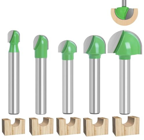 Hugwish 5 Fräser für Oberfräsen, Rundfräser 6 mm, Fräser mit rundem Boden, Holzfräser, Hohlkehlfräser, Kugelkopffräser Holz 6mm / 8mm /10mm / 12mm / 18mm