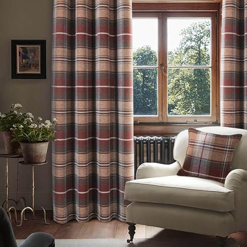 always4u 100% Blackout Tartan Curtains Highland Check Eyelet Curtain Woolen Look Plaid Brushed Cheque Pair of Window Treatment for Bedroom Living Room Brick Red 46 * 54 Inches