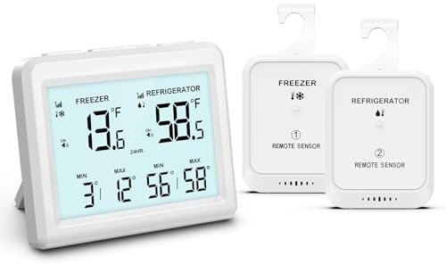OQIMAX Termometro Frigo Termometro Congelatore con 2 Sensori, MIN/MAX, ℃/℉, Funzione Allarme, Allarme Congelatore, Termometro Frigorifero, Termometro Collegato per Casa, Cucina, Bar
