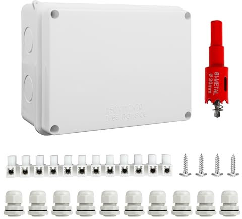 Abzweigdose Wasserdicht IP65, Aufputz-Verteilerkasten 150x110x70 mm, mit 10x M20 Kabelverschraubungen mit Dichtung, inkl. 20mm Lochsäge, für Ø6–12 mm Kabel geeignet