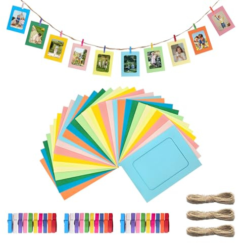 ROEOWENE 30pcs Cornice di Carta per Foto 10x15 Portafoto Cornice in Cartone Cornici per Foto da Parete con Corda+ Clips Cornici Carta Kraft fai da te Cornice da Appendere al Muro per Festa-Colorato