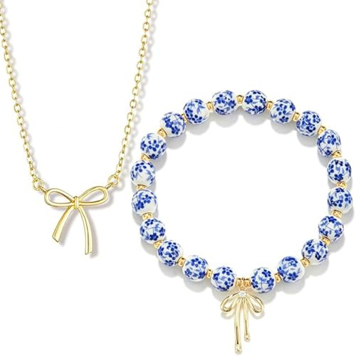 VelvetGlow Zartes 14 k guld rosett armband och halskedja, set med Perlen-Design och Bogenanhänge, smyckesaccessoarer, perfekta presenter för kvinnor, freunde und and geburtstage