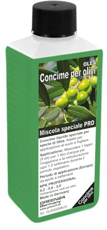 GREEN24 Concime per Olivi Professionale – Fertilizzante Liquido NPK Speciale per Olea Europaea, Piante Mediterranee in Vaso, Giardino, Terrazzo e Balcone – Concentrato 250ml