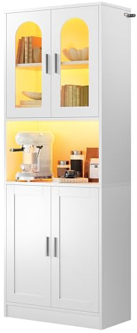 YITAHOME Tall Kitchen Cabinet, Glass Doors & LED Lighting, Microwave Stand | 60cm Worktop, Pantry Cupboard with Adjustable Shelves, Open Shelf, Kitchen Storage Cabinet Unit, White, 60x30x170cm