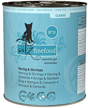 catz finefood N° 13 aringhe e gamberetti, cibo umido per gatti, raffinato con zucca e aloe vera, 6 barattoli da 800 g
