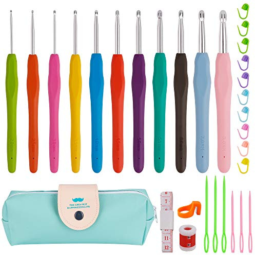 ISIYINER Aiguilles à Crochet Aluminium Set Crochets à Tricoter avec Poignée Multicolore en Caoutchouc Idéal pour Tout Type de Motifs et de Fils
