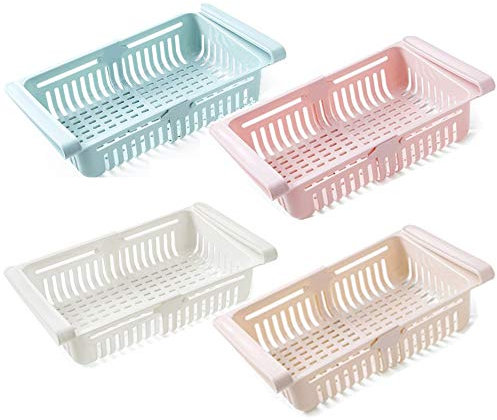Cassetti per Frigoriferi, 4 Pezzi Organizzatore per Frigorifero,Cassetto a Scomparsa Frigorifero Cestino,Contenitori per Frigorifero Salvaspazio,Blu+Bianco+Rosa+Albicocca