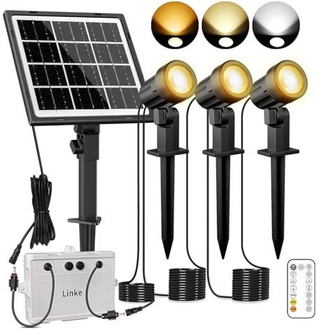 Linke Solar Powered Spot Lights, 2700K/4000K/6500K Adjustable 3 in 1 Landscape Spotlights IP66 LED Spike Lights Outdoor Garden Solar uplighters for Yard Path Tree Gazebo Lawn