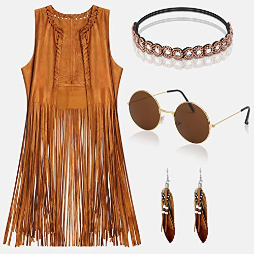 YADODO Hippie Kostüm Damen Set Fransen ärmellos Weste Hippie Kleidung 60er 70er Jahre Bekleidung Damen Mädchen Disco Outfit Cowgirl Kostüm Braun Weste Bolero Karneval Fasching Frauen (XL)