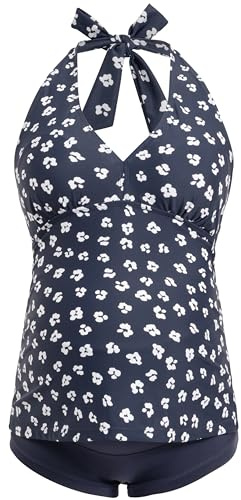 Herzmutter Umstandstankini - Schwangerschafts-Badeanzug - Neckholder - Zweiteiler-Bademode - Überbauchhose-Panty - 7100 2.0 (M, Blau-Blumen)
