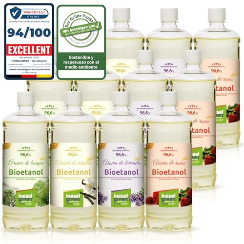 KieselGreen Bioetanol 12 x 1 litro con Fragancia para Chimenea de Etanol, Muchas Variedades – Bioalcohol como Fragancia de Ambiente – Estufas de Bioetanol, Biochimenea Etanol, Ethanol