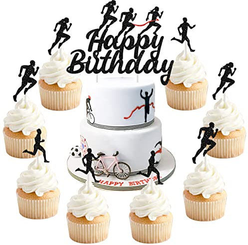 Wonmelody Marathon Happy Birthday Cake Topper Décorations d'Anniversaire Sportive avec Coureurs Noirs, Cupcake Toppers Fitness Running pour Fête Hommes Femmes