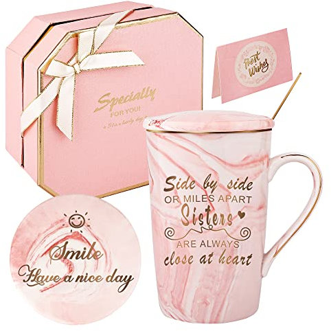 Sisters Gifts Mug Sister Birthday Gifts for Sister Coffee Mug Set-Side by Side or Miles Apart Sisters are Always Close at Heart- Personalised Gifts for Her Birthday Graduation Gifts Box Set 14oz Pink