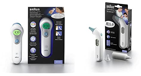 Braun No Touch + forehead thermometer (Position Check, color-coded fever guidance), BNT300 & ThermoScan 3 Ear thermometer (professional accuracy, audio fever indicator reliable) IRT3030