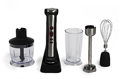 Melchioni Family | Frullatore ad Immersione ZOE Senza Fili Ricaricabile, Set con Sbattitore, Tritatutto, Frullatore e Bicchiere Graduato 600ml, Colore Nero