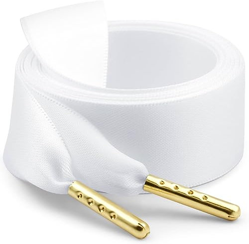 WEGOODZF Satin Ribbon Shoe Laces: 2.2CM Wide 140CM Long White Flat Silk Shoelaces with Golden Metal Tips for Women Girls 2 Pairs Replacement Shoelace for Trainers Boots