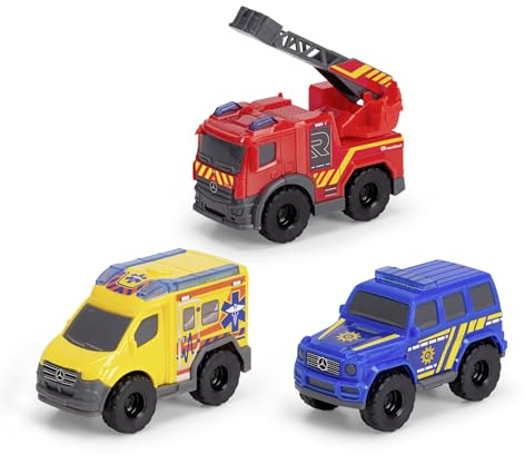 Dickie Toys - Micro Rescue Force Lot de 3 voitures Mercedes-Benz avec roue libre et pièces mobiles pour enfants à partir de 3 ans, camion de pompiers, voiture de police et ambulance