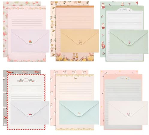 KSIWRE Set di cancelleria da 54 pezzi con buste, 36 fogli di carta da lettera + 18 buste, carta da cancelleria a righe per scrivere lettere, inviti, poesie, forniture per ufficio e scuola