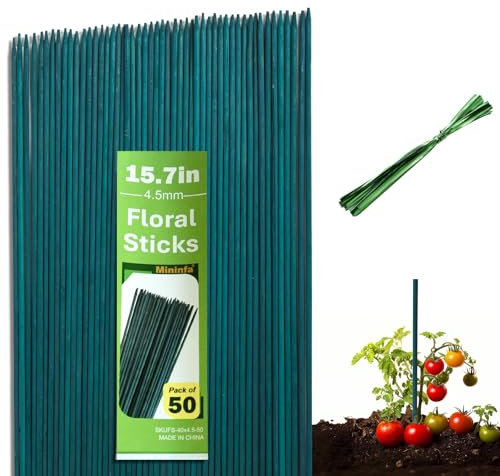 Mininfa 50pcs 40cm Green Bamboo Sticks Green Flower Plant Support Stakes Floral Picks with Twist Ties for Plants Vegetables Support Suitable for Home, Garden, Climbing Plant Extension Use(15.75 inch)