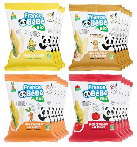 FRANCE BéBé BIO - Pack Biscuits de maïs soufflé BIO - Nature Tomate Carotte Cacahuète - Lot 18 sachets de 20g