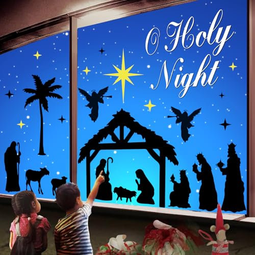 JarThenaAMCS 6 Sheet Christmas Nativity Window Clings Holy Night Manger Scene Silhouette Reusable Window Decals for Xmas Party Festival Celebration Decor