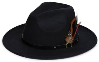 Nicky Adams Countrywear Men's and Ladies' Fedora Hat - Wide Brim Wool Felt Fedora with Adjustable Band and Removable Feather, One Size Fits All - Cowboy Country Style, Showerproof Black