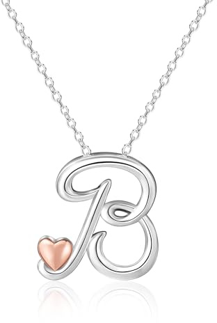 Mesovor Silver Initial Necklace for Women, Sterling Silver Plated Jewelry | Classic Letter Name Pendant Necklace with Rose Gold Heart, Gifts for family Mother Sister Wife, 20 Inch Chain (Letter-B)