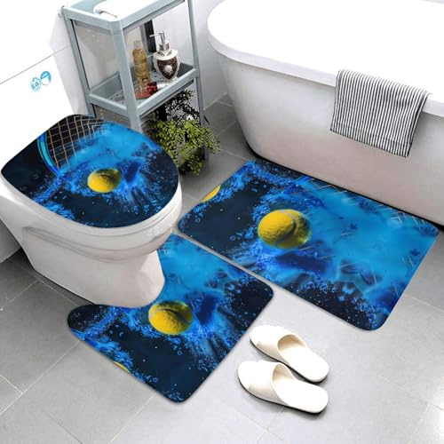 Set di 3 tappeti da bagno con palline da tennis sportive, tappetini da bagno assorbenti antiscivolo, copriwater, a forma di U, lavabili, decorazione per il bagno