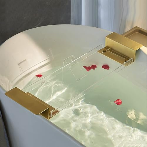 Bandeja acrílica para bañera con divisor extensible y asas antideslizantes, bandeja de baño expandible transparente con estante de lectura (80 cm)