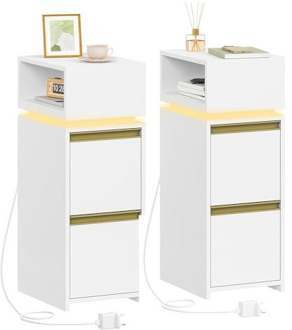 HEXCELEN Slim Bedside Tables Set of 2, Bedside Cabinet with LED Lighting | Small Nightstand with 2 Drawers and 1 Open Space, Side Table, for Bedroom, Living Room, Modern, White